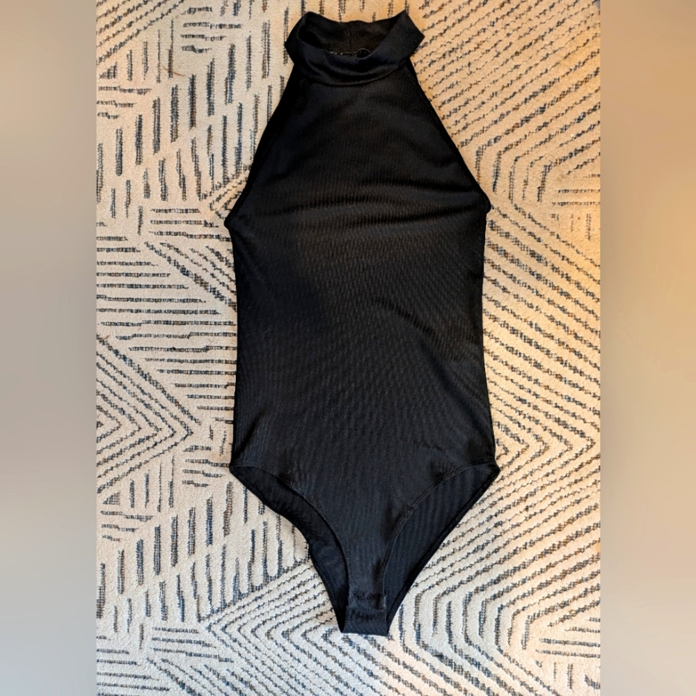 ZARA Black Hi-Neck Tank Top Bodysuit Black - Micro-Ribbed Size S - Snap Closure